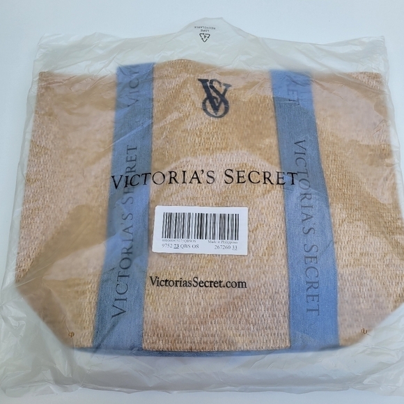 Victoria's Secret NWT tote Bag Wicker Tan blue logo. - Picture 2 of 11